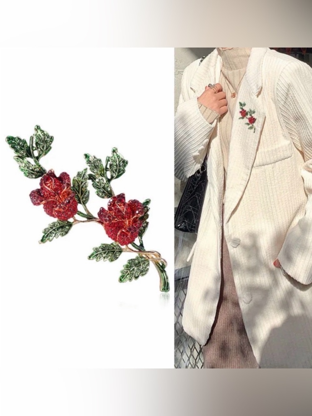 Red Crystal Rose Brooch | Floral Rhinestone Statement Pin - Picture 2 of 5
